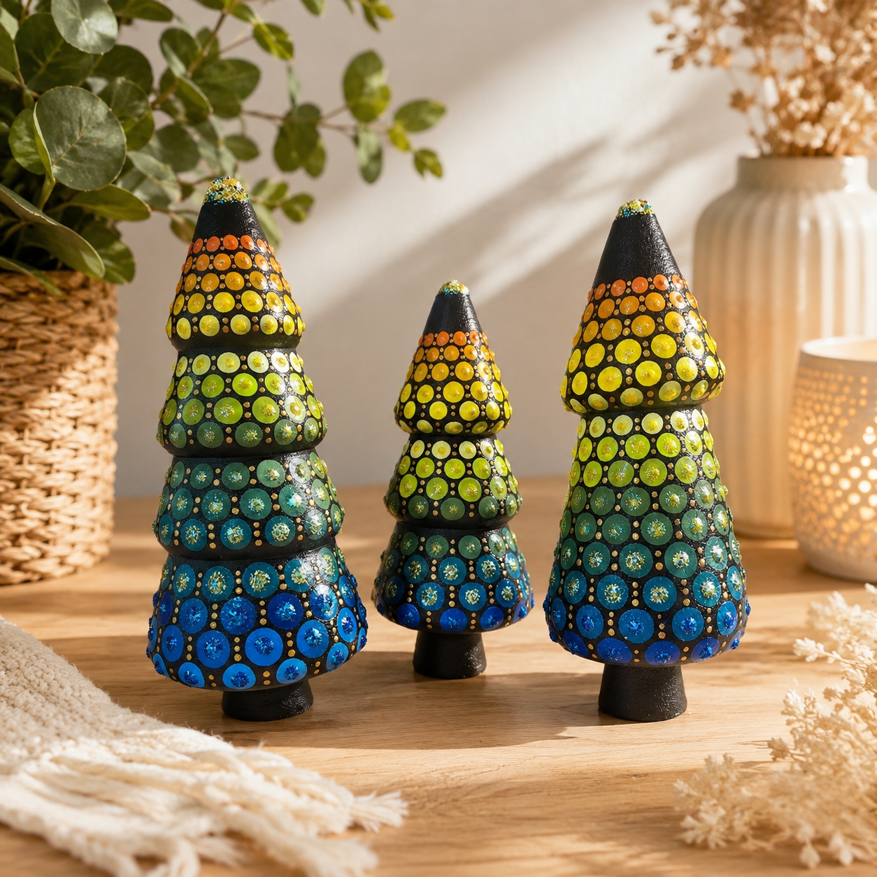 Lot de 3 Sapins de Noël peints à la main – Décoration de Noël artisanale en pointillisme Mandala – Déco bohème zen