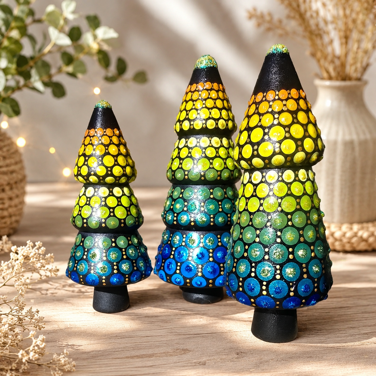 Lot de 3 Sapins de Noël peints à la main – Décoration de Noël artisanale en pointillisme Mandala – Déco bohème zen