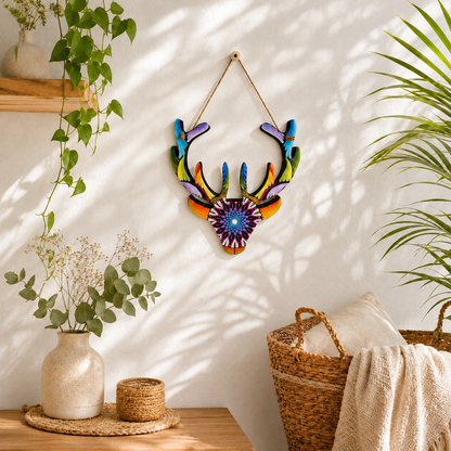 Tête de renne Mandala peinte à la main – Décoration murale bohème en bois – Art en pointillisme