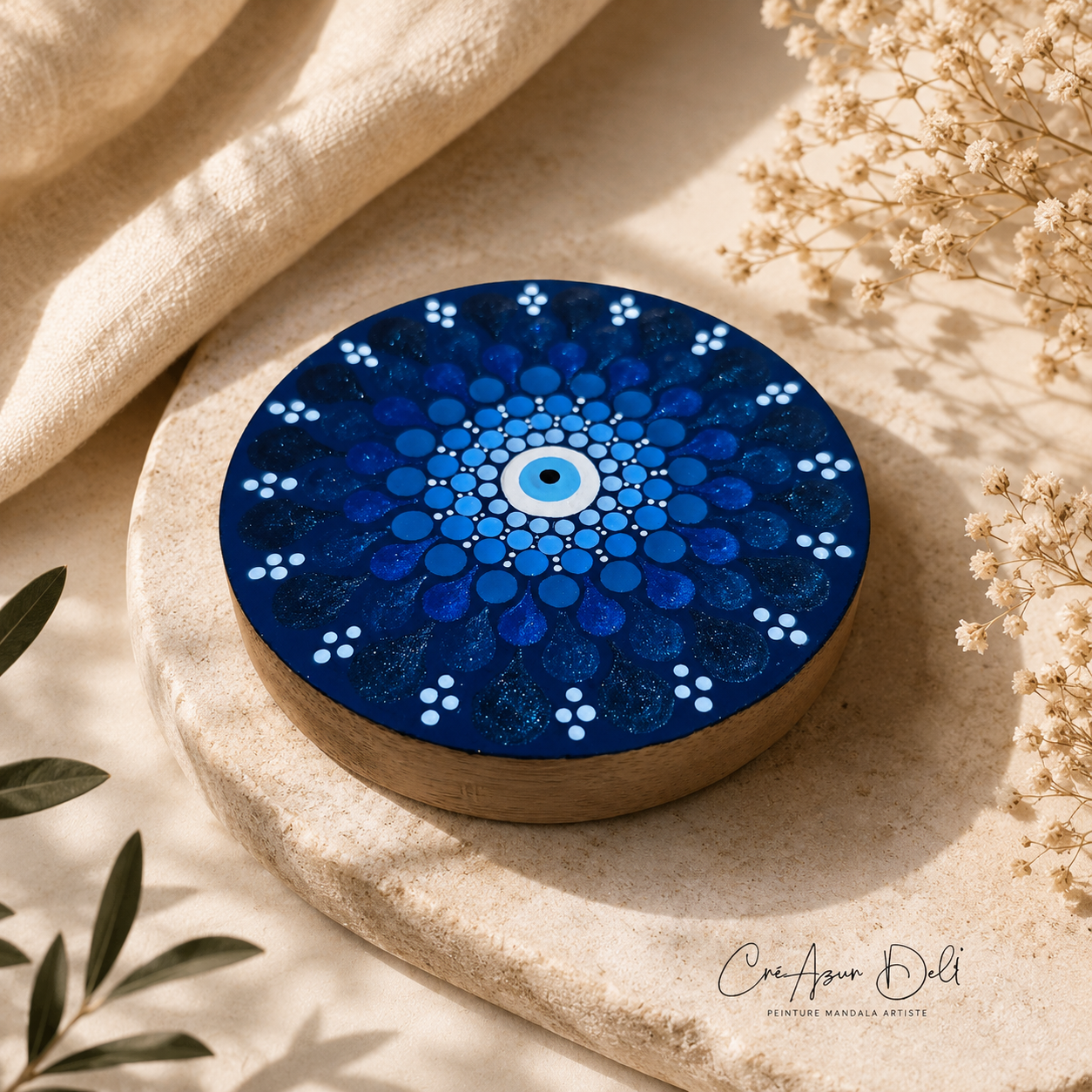 Miroir de poche Mandala peint à la main – Œil protecteur bleu – Miroir compact artisanal – Cadeau bohème – Pièce unique