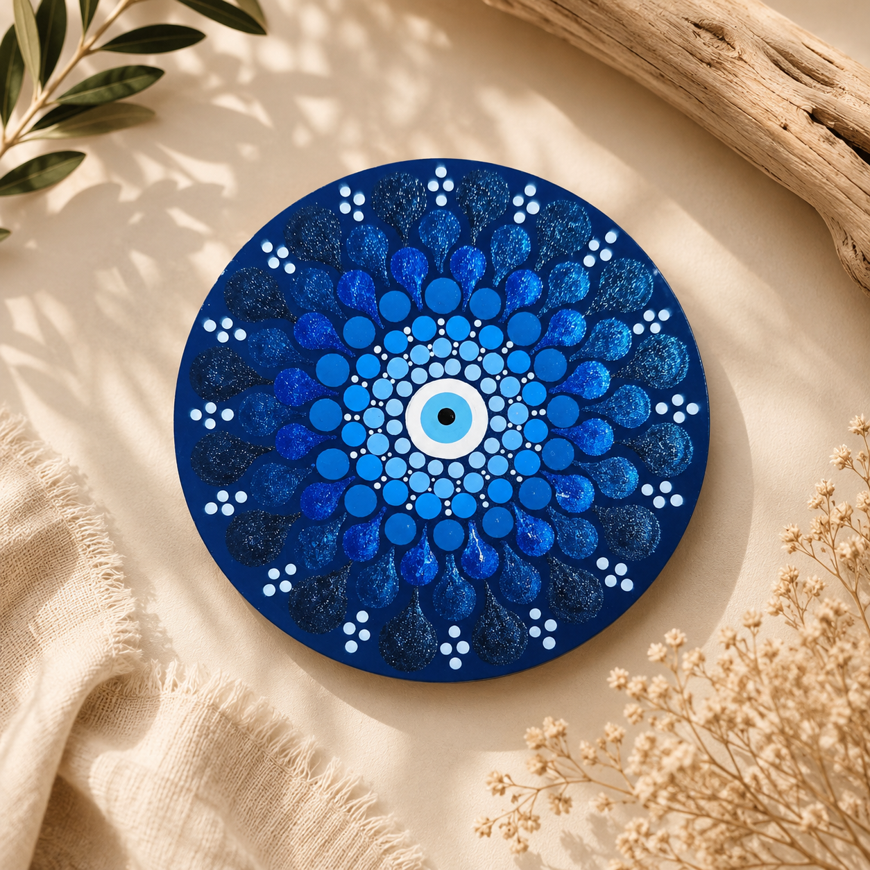 Miroir de poche Mandala peint à la main – Œil protecteur bleu – Miroir compact artisanal – Cadeau bohème – Pièce unique