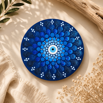 Miroir de poche Mandala peint à la main – Œil protecteur bleu – Miroir compact artisanal – Cadeau bohème – Pièce unique