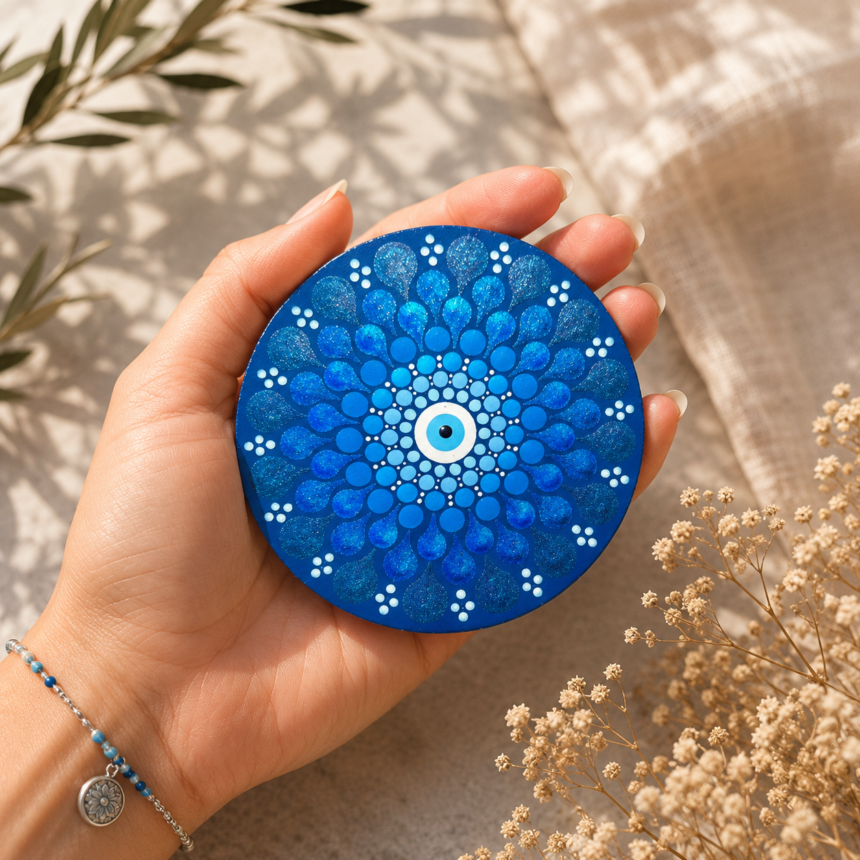 Miroir de poche Mandala peint à la main – Œil protecteur bleu – Miroir compact artisanal – Cadeau bohème – Pièce unique