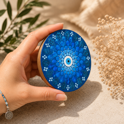 Miroir de poche Mandala peint à la main – Œil protecteur bleu – Miroir compact artisanal – Cadeau bohème – Pièce unique