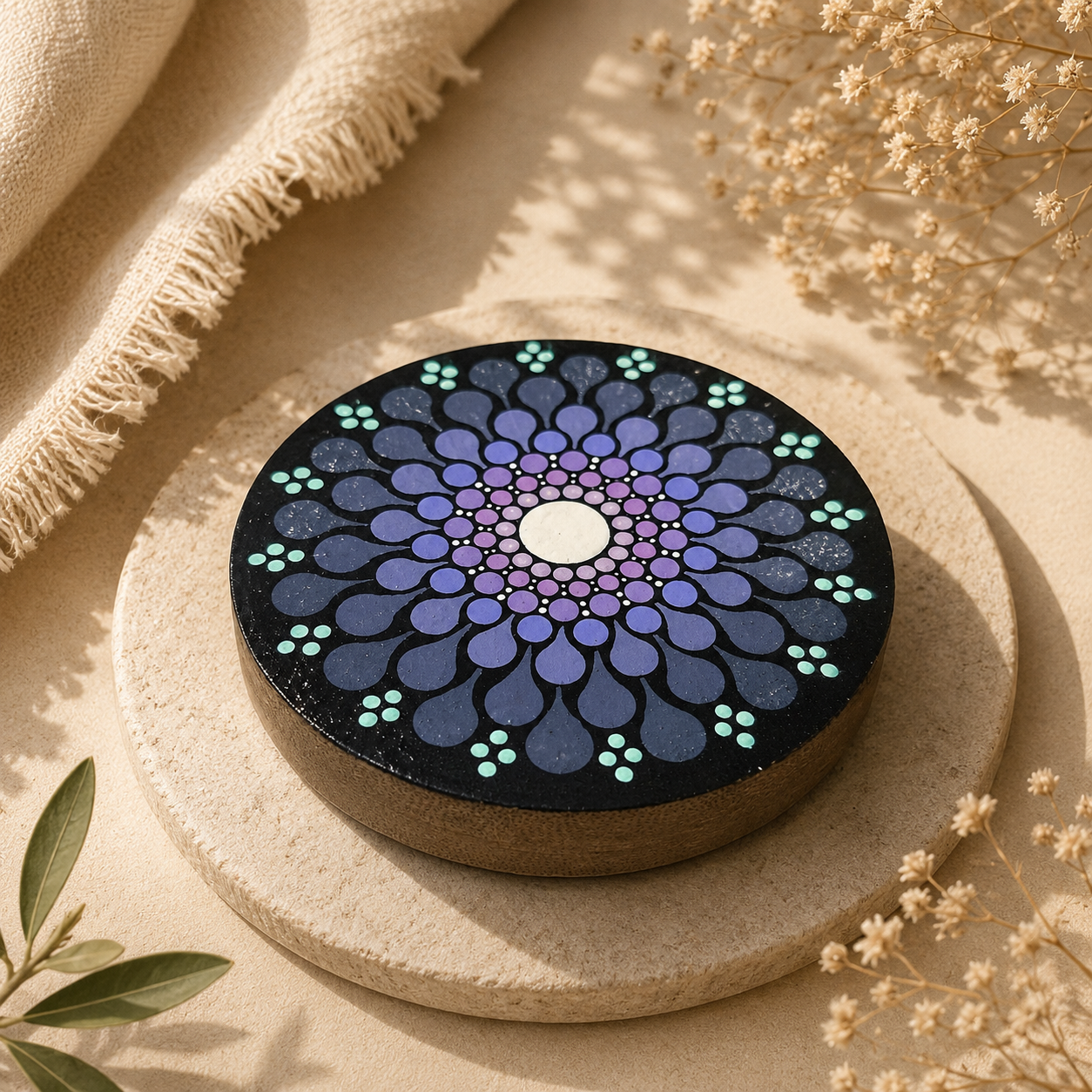 Petit miroir de poche en bois peint à la main – Mandala bleu et violet – Pièce unique