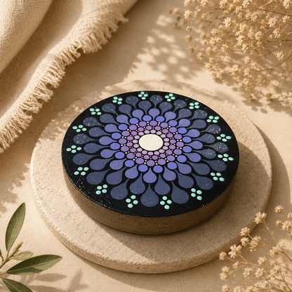 Petit miroir de poche en bois peint à la main – Mandala bleu et violet – Pièce unique