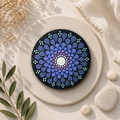 Petit miroir de poche en bois peint à la main – Mandala bleu et violet – Pièce unique