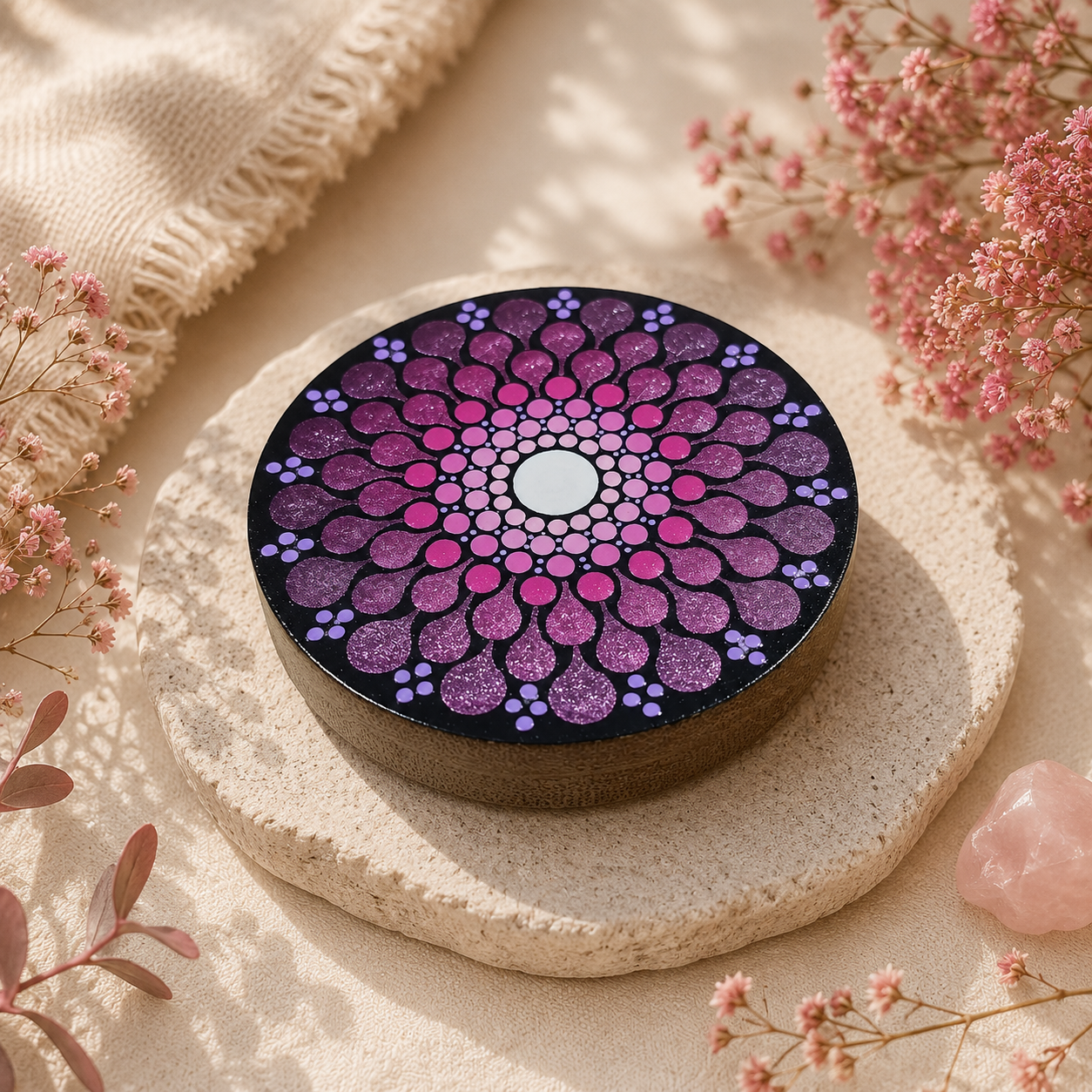 Miroir de poche mandala violet et rose peint à la main – Accessoire artisanal unique