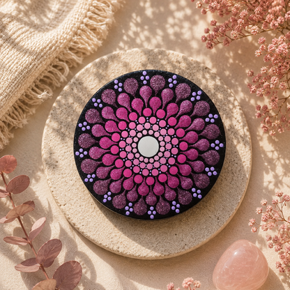 Miroir de poche mandala violet et rose peint à la main – Accessoire artisanal unique