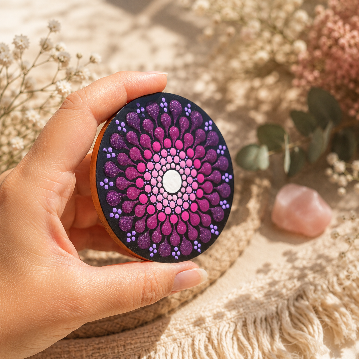 Miroir de poche mandala violet et rose peint à la main – Accessoire artisanal unique