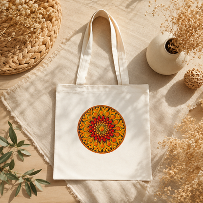 Sac fourre-tout en coton blanc mandala imprimé orange ou bleu | Création artisanale