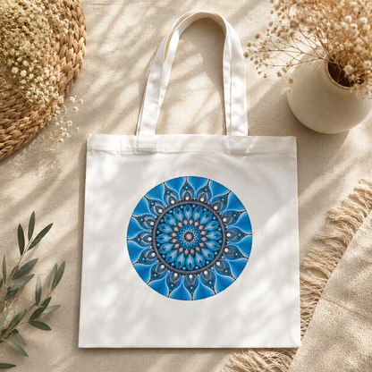 Sac fourre-tout en coton blanc mandala imprimé orange ou bleu | Création artisanale