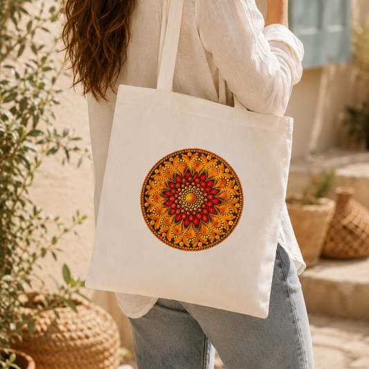 Sac fourre-tout en coton blanc mandala imprimé orange ou bleu | Création artisanale