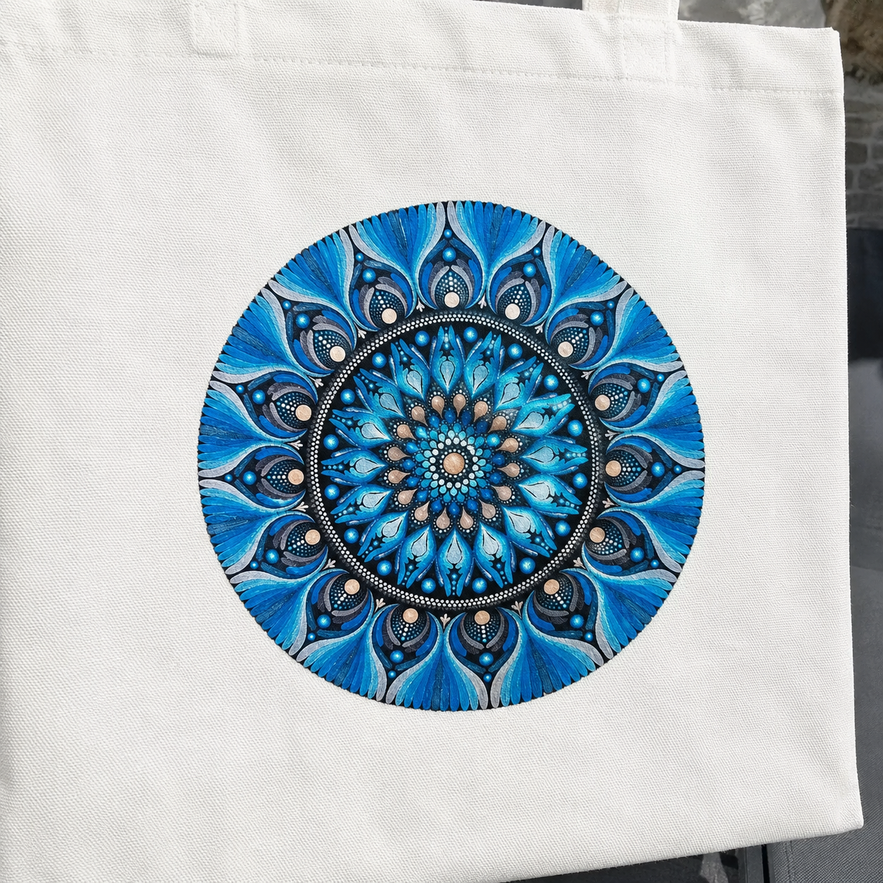 Sac fourre-tout en coton blanc mandala imprimé orange ou bleu | Création artisanale