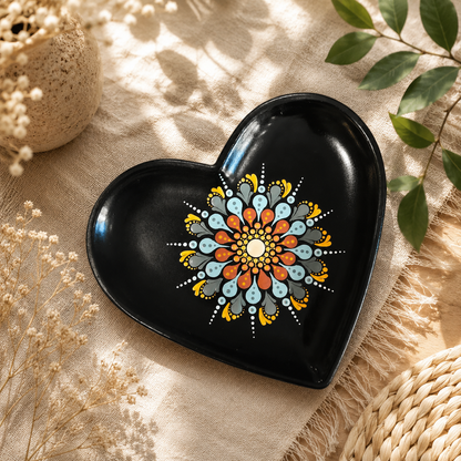 Coupelle à bijoux cœur – Mandala orange & vert en pointillisme