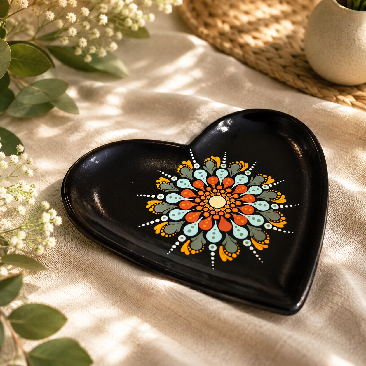 Coupelle à bijoux cœur – Mandala orange & vert en pointillisme