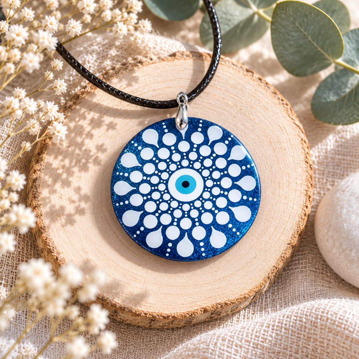 Collier Œil Protecteur Mandala Bleu peint à la main – Pendentif rond 40 mm – Bijou bohème zen – Cadeau femme