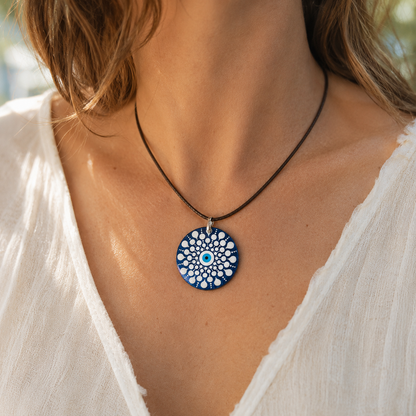 Collier Œil Protecteur Mandala Bleu peint à la main – Pendentif rond 40 mm – Bijou bohème zen – Cadeau femme