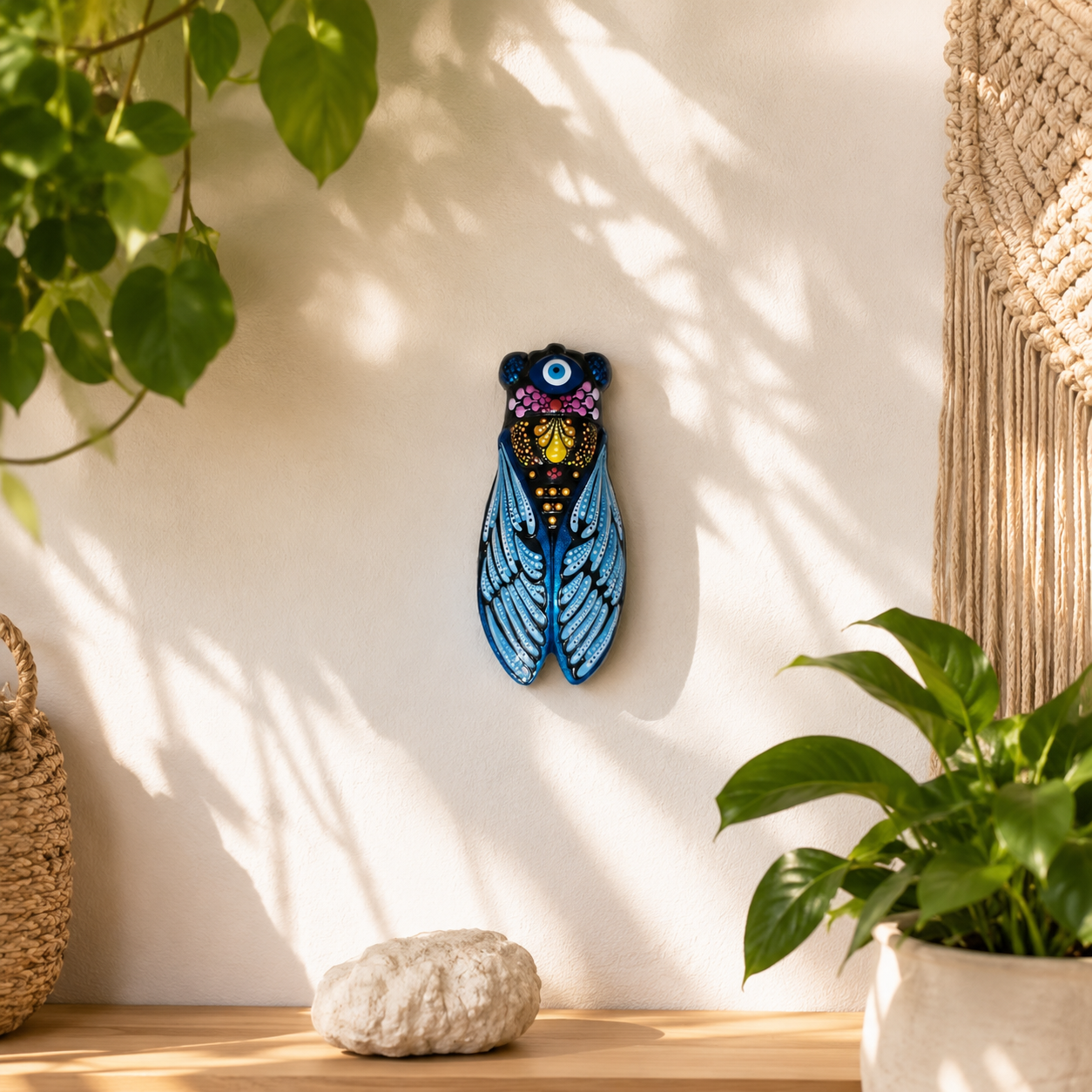 Cigale de Provence Mandala – Décoration murale peinte à la main – Œil protecteur – Cadeau unique