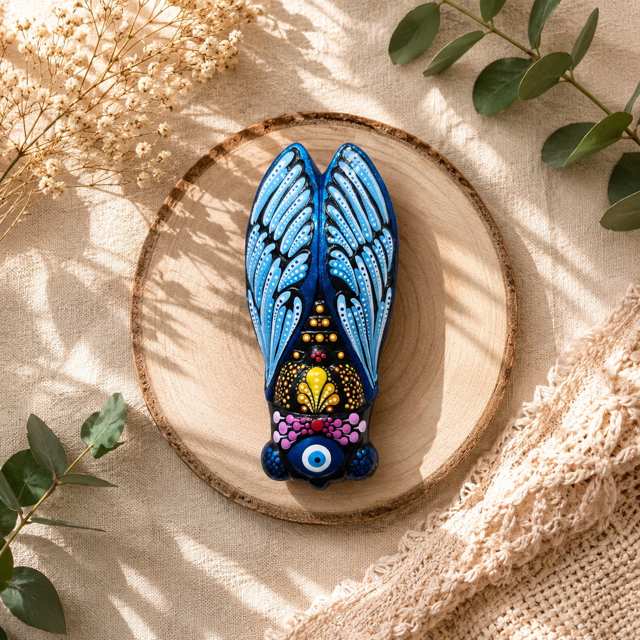 Cigale de Provence Mandala – Décoration murale peinte à la main – Œil protecteur – Cadeau unique