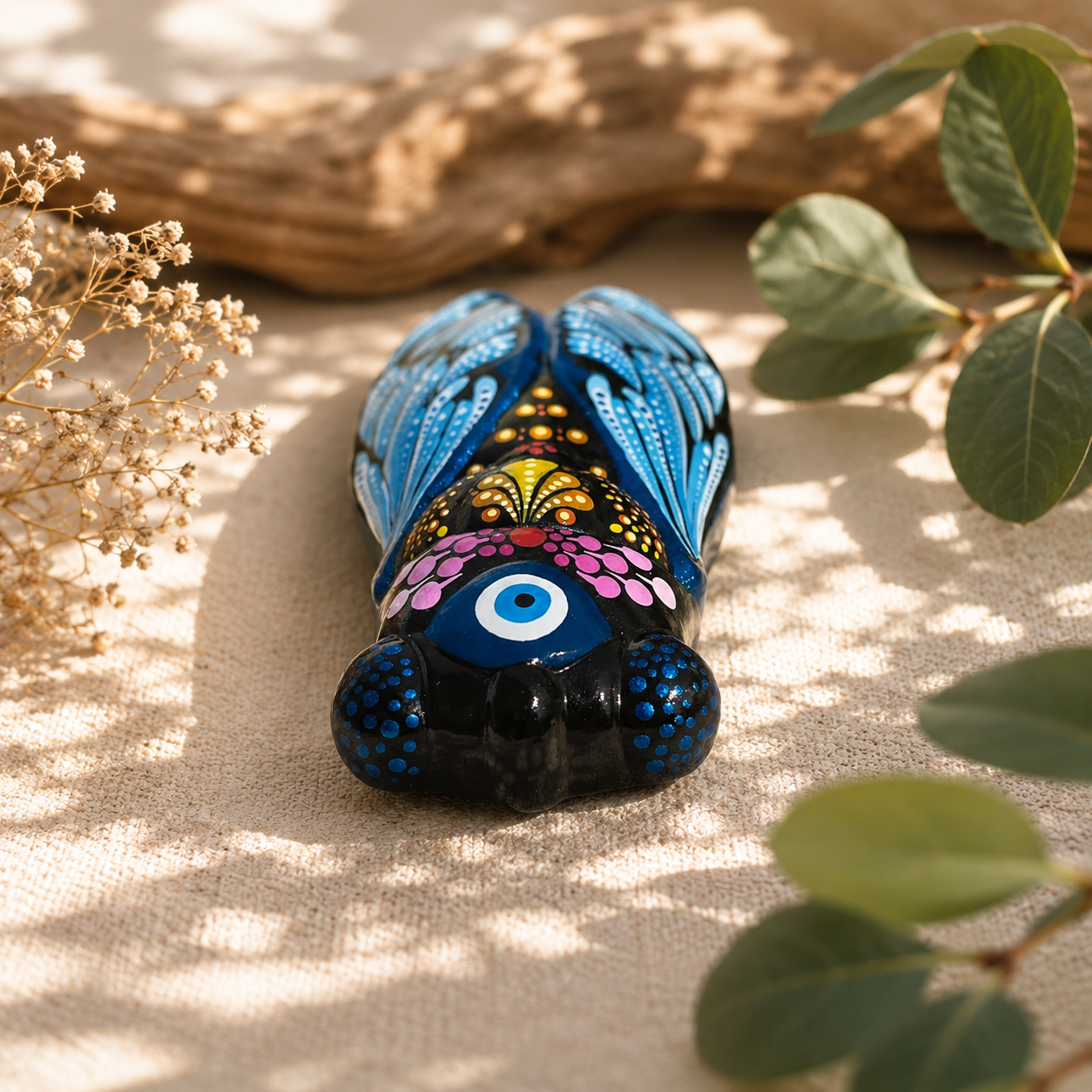 Cigale de Provence Mandala – Décoration murale peinte à la main – Œil protecteur – Cadeau unique
