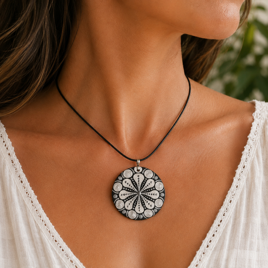 Collier en bois mandala noir et argent Peint à la Main – Pendentif Rond Bohème Zen