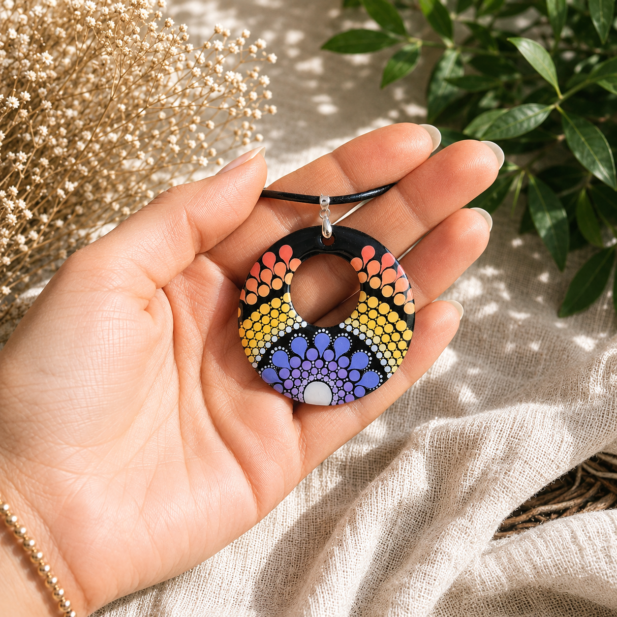 Collier en bois à trou mandala orangé et mauve en pointillisme, bijoux personnalisés,  pièce unique