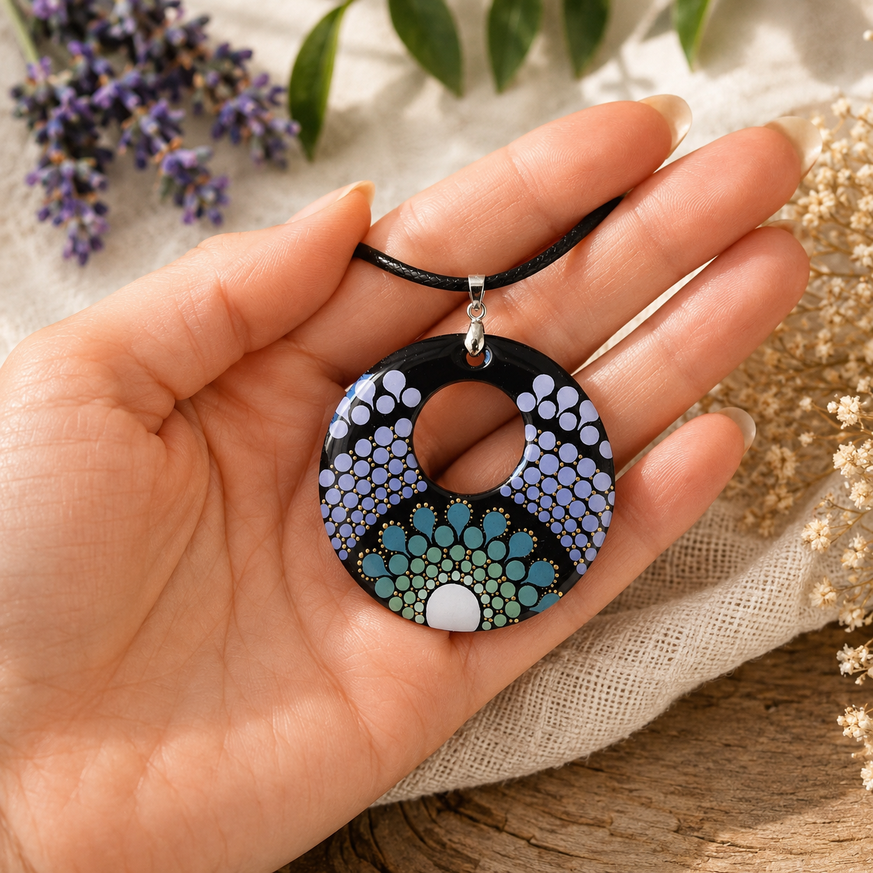 Collier en bois à trou mandala mauve et vert bleuté en pointillisme, bijoux personnalisés,  pièce unique (Copie)