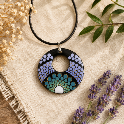 Collier en bois à trou mandala mauve et vert bleuté en pointillisme, bijoux personnalisés,  pièce unique (Copie)