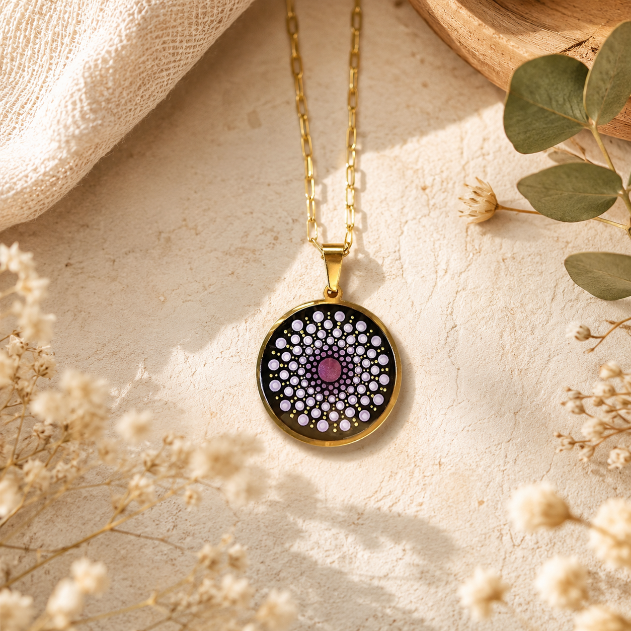 Collier Mandala rose en acier inoxydable