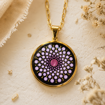 Collier Mandala rose en acier inoxydable