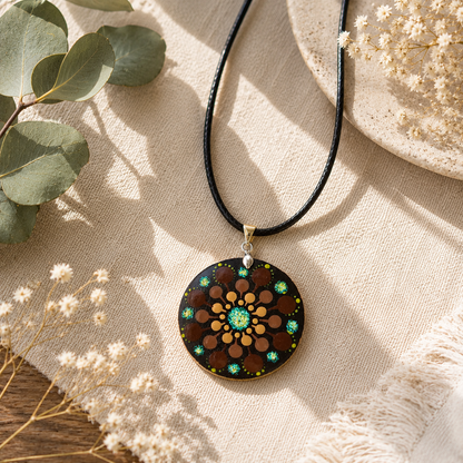 Collier en bois mandala pointillisme marron et jaune/vert pailleté