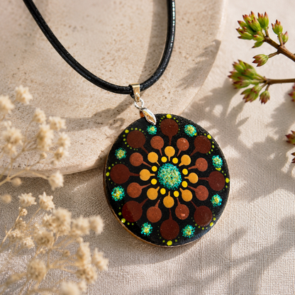 Collier en bois mandala pointillisme marron et jaune/vert pailleté