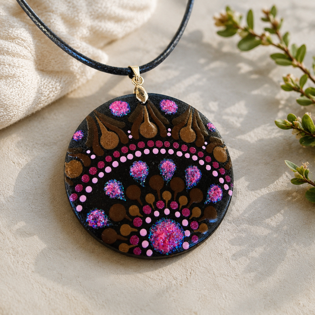 Collier en bois mandala pointillisme rose paillette et marron