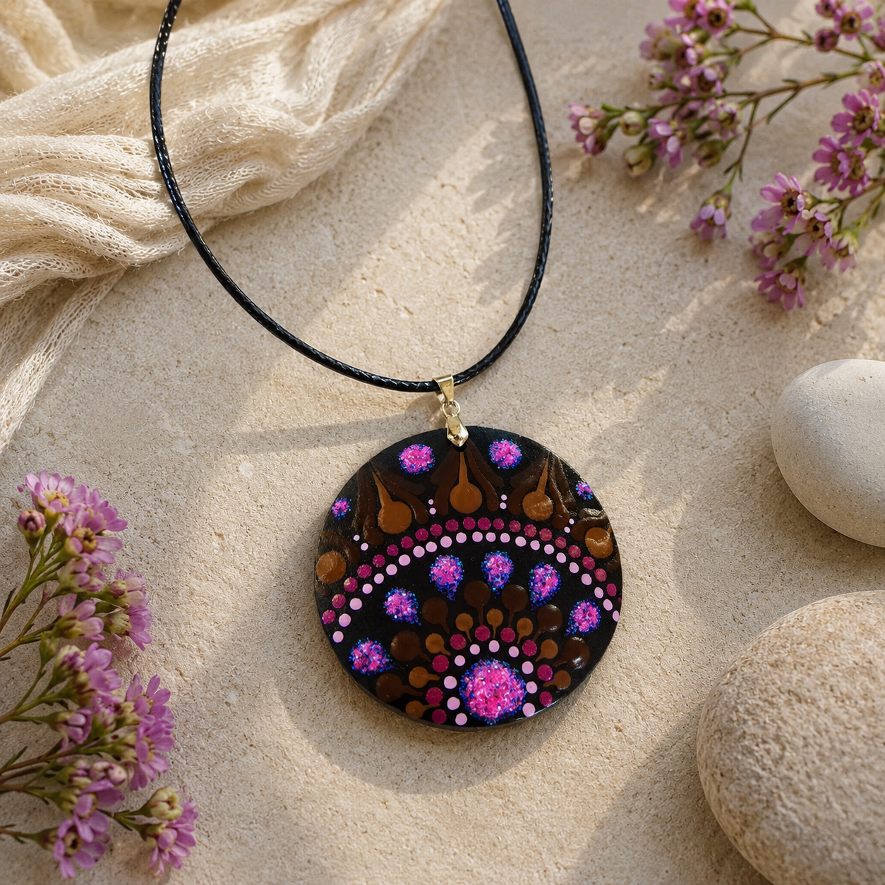 Collier en bois mandala pointillisme rose paillette et marron