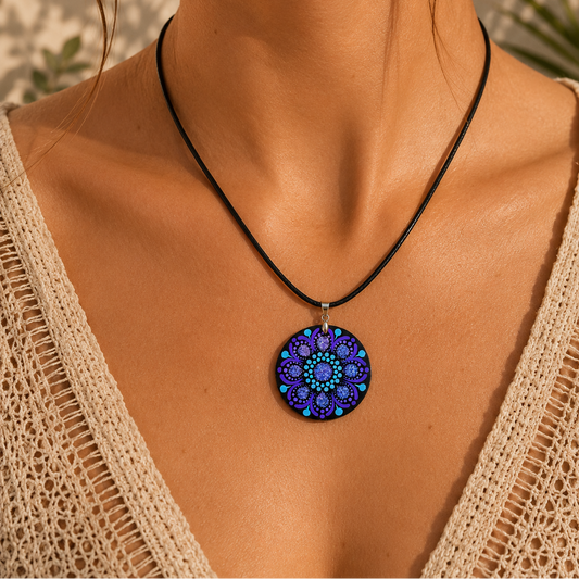Collier en bois mandala pointillisme violet paillette et bleu ciel