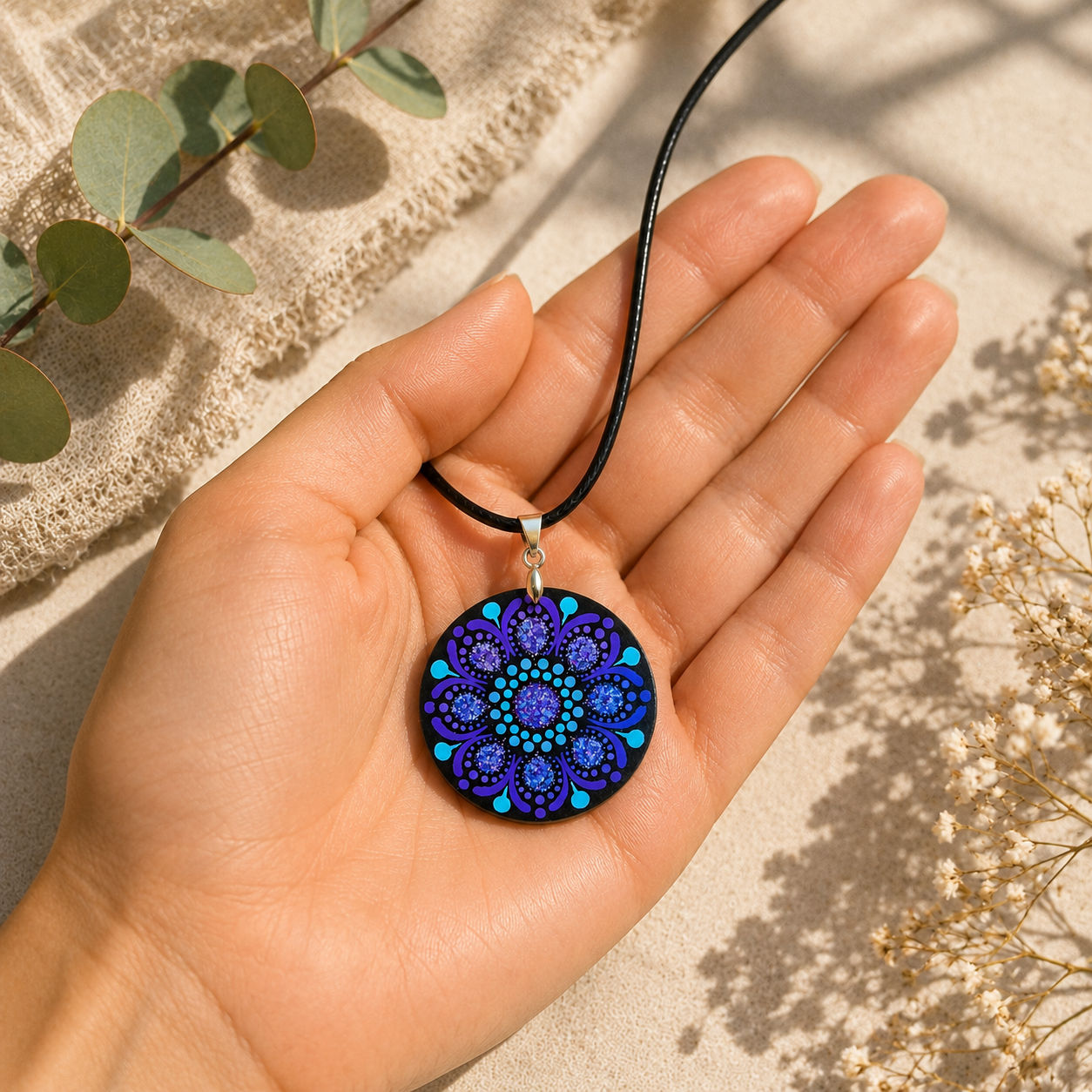 Collier en bois mandala pointillisme violet paillette et bleu ciel