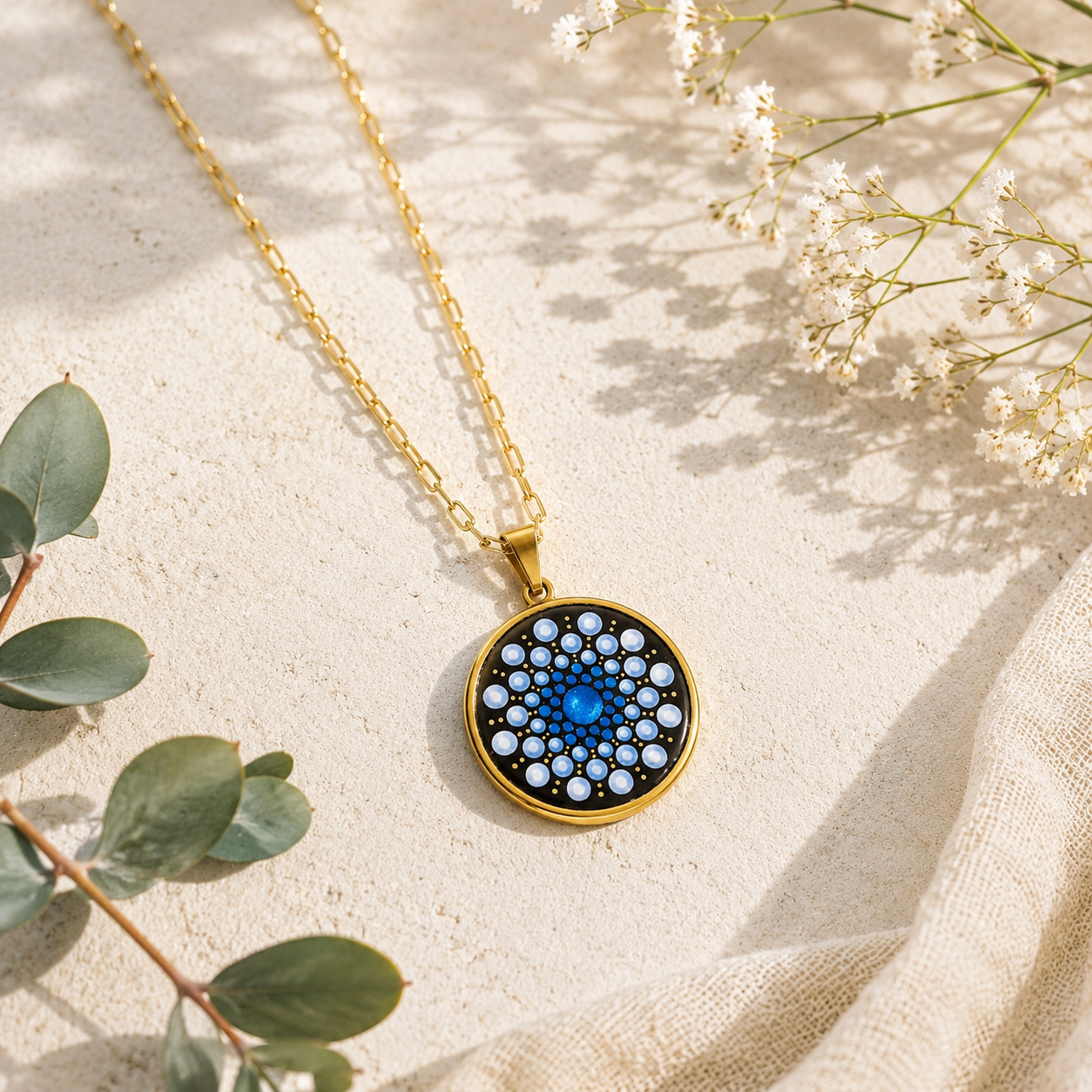 Collier Mandala bleu métallisé en acier inoxydable