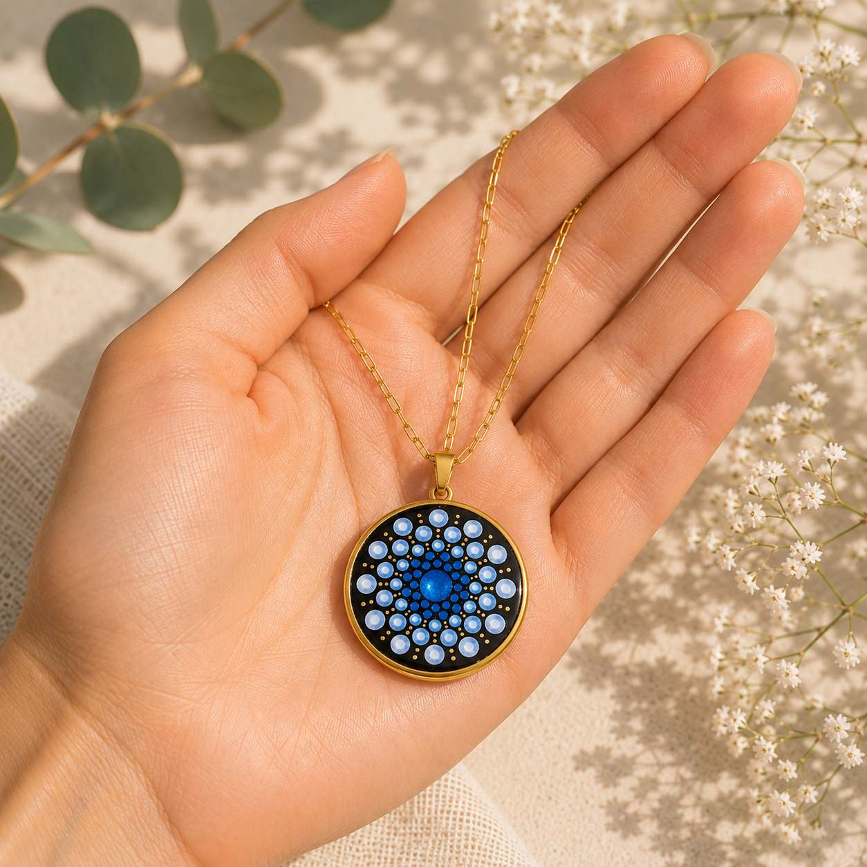 Collier Mandala bleu métallisé en acier inoxydable