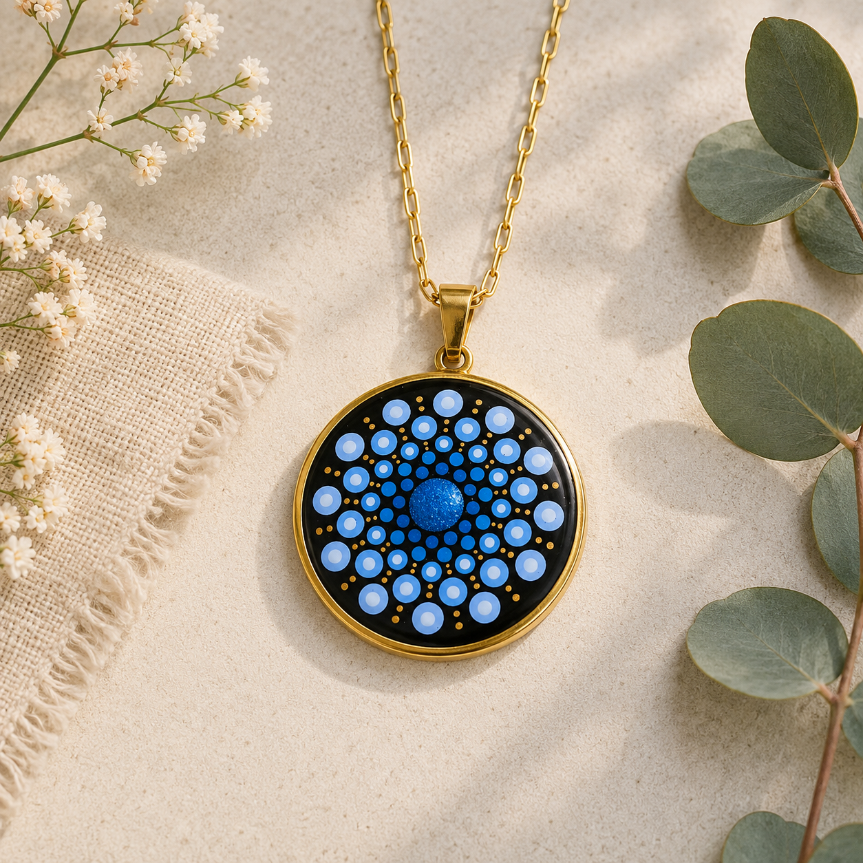 Collier Mandala bleu métallisé en acier inoxydable