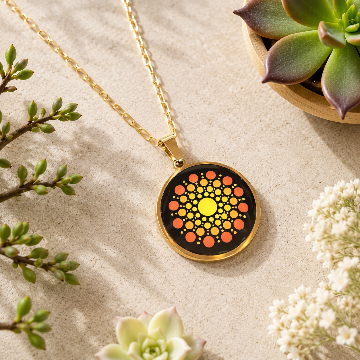 Collier Mandala orange en acier inoxydable