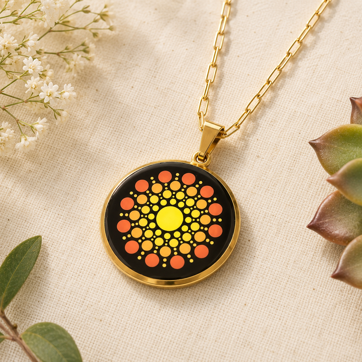 Collier Mandala orange en acier inoxydable