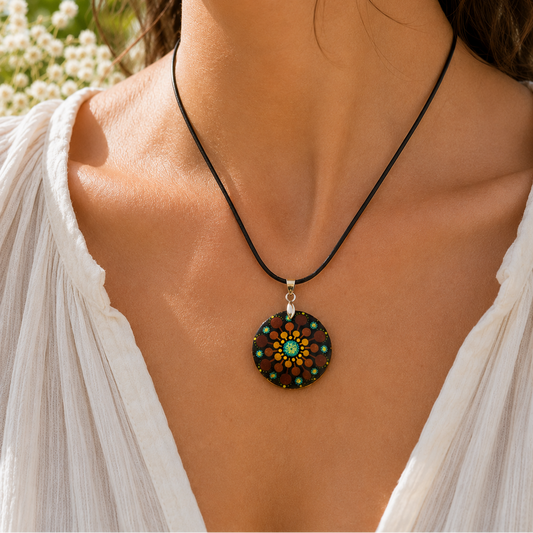 Collier en bois mandala pointillisme marron et jaune/vert pailleté