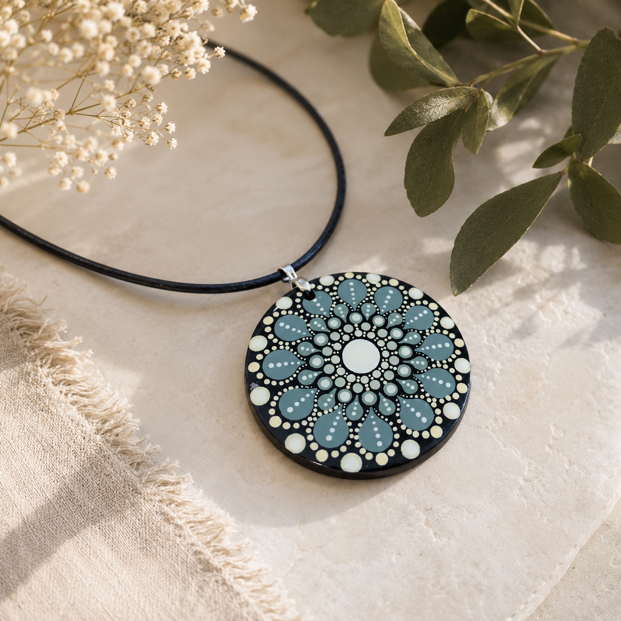 Collier en bois mandala vert en pointillisme