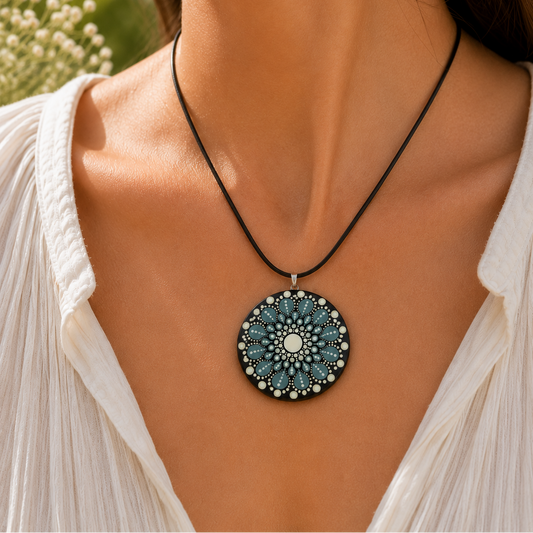 Collier en bois mandala vert en pointillisme