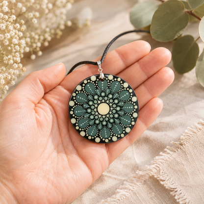 Collier en bois mandala vert en pointillisme