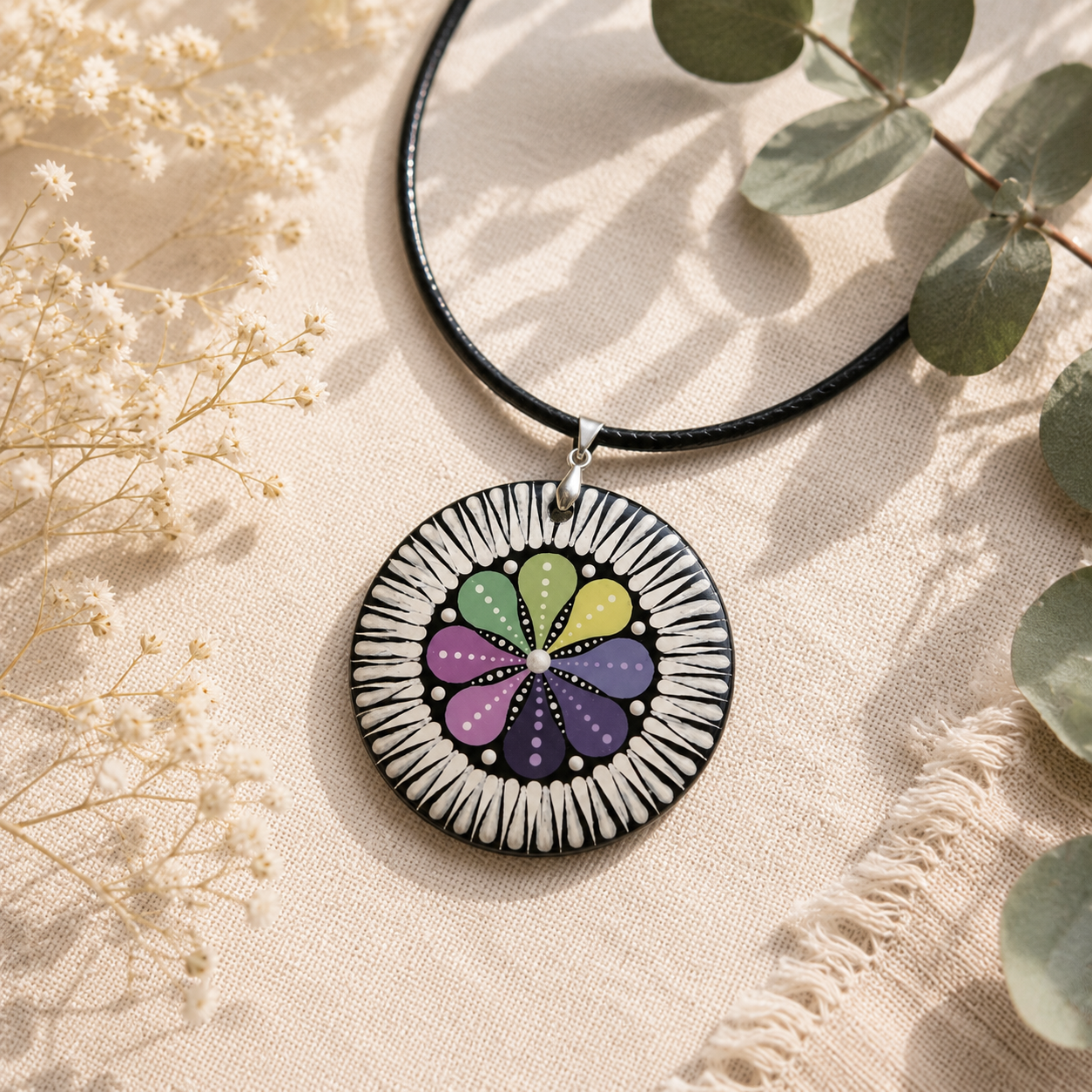 Collier mandala multicolore en bois