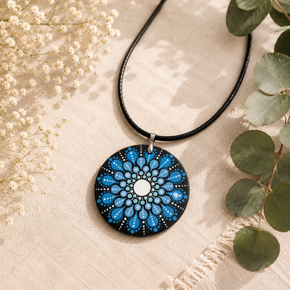 Collier Mandala Bleu Peint à la Main – Bijou Bohème Zen