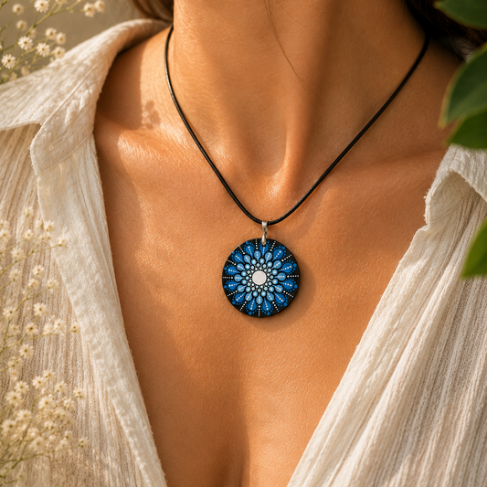 Collier Mandala Bleu Peint à la Main – Bijou Bohème Zen