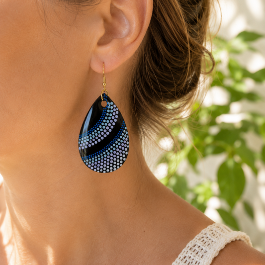 Boucles d'oreilles gouttes en bois, boucles d'oreilles peintes, pointillisme bleu